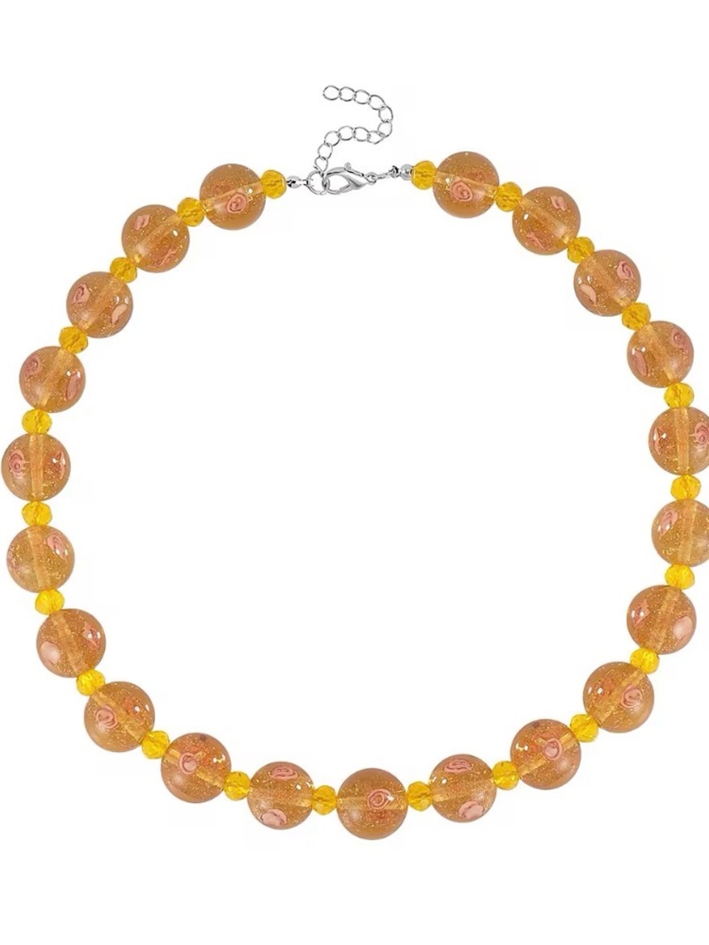 Champagne Murano Yellow Glass Beaded Necklace Silvertone 20-22 inches